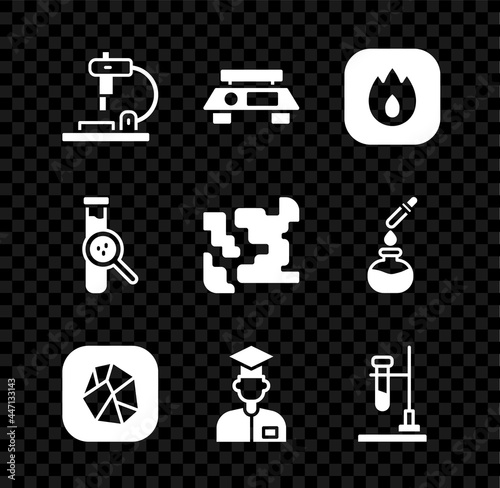 Set Microscope, Electronic scales, Fire flame, Salt stone, Laboratory assistant, Test tube flask fire, and and Gaseous icon. Vector