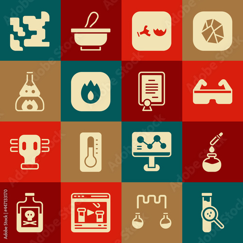 Set Test tube and flask, Safety goggle glasses, Broken, Fire flame, on fire, Gaseous and Certificate template icon. Vector