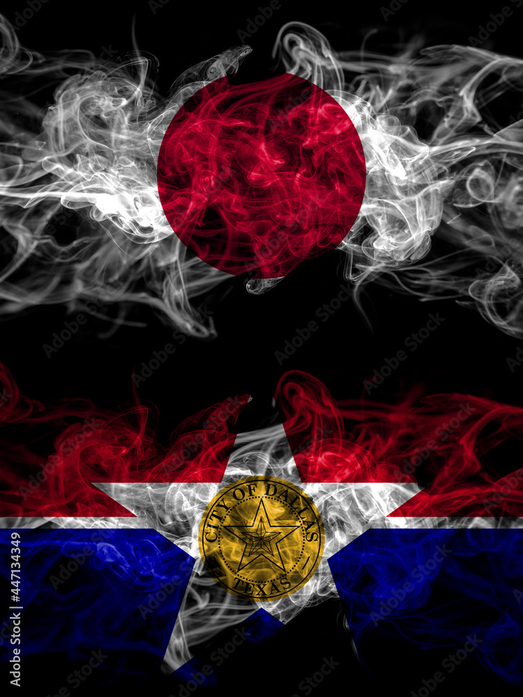 Smoke flags of Japan, Japanese and United States of America, America, US, USA, American, Dallas, Illinois