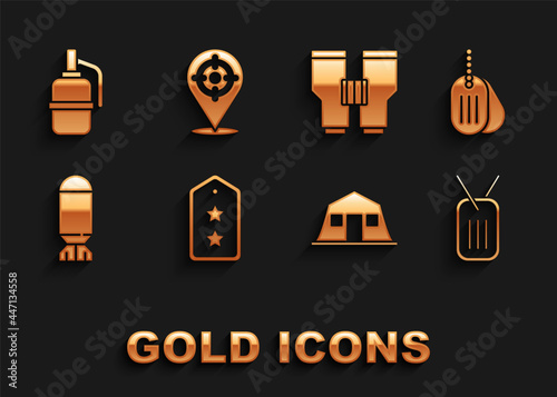 Set Military rank, dog tag, barracks, Aviation bomb, Binoculars, Hand grenade and Target sport icon. Vector