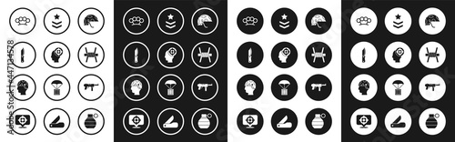 Set Military helmet, Target sport, knife, Brass knuckles, Barbed wire, rank, Submachine gun M3 and Army soldier icon. Vector
