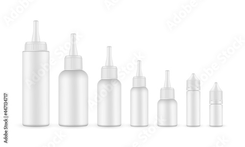 Set of Cosmetic Dropper Bottles with Long Tip Spout Cap and Dropper Unicorn Bottle. Vector Illustration
