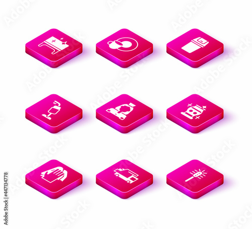 Set Cleaning service, Garbage truck, Vacuum cleaner, lady, Toilet brush, vase, Trash can and Washing dishes icon. Vector