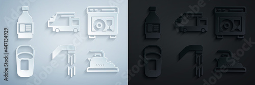 Set Shower head, Dishwasher machine, Bucket with rag, Electric iron, Garbage truck and Bottle for cleaning agent icon. Vector