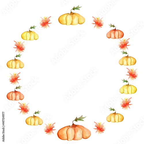 Watercolor frame wreath of pumpkins. Template for decorating designs and illustrations.