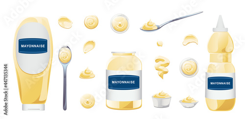 Mayonnaise in bowl, bottle, stains and splash set. Condiment white sauce icon set. Top and front view vector illustration.