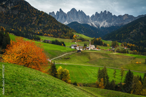 Fantastic alpine autumn scenery with Santa Maddalena village, Dolomites, Italy