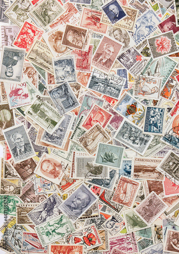 vertical background of postage stamps, each stamp is from Czechoslovakia country 