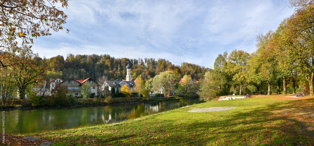 Loisach riverside park, autumnal scenery Wolfratshausen tourist resort