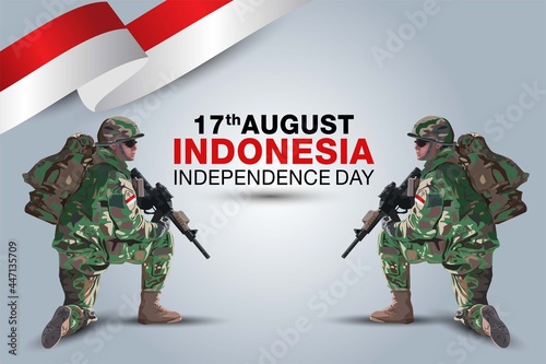 illustration of 17th of august background for Happy Independence Day of Indonesia. a soldier with gun and flag. Vector illustration design.