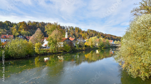 Loisach river Wolfratshausen, view to church and village, autumnal scenery bavaria © SusaZoom