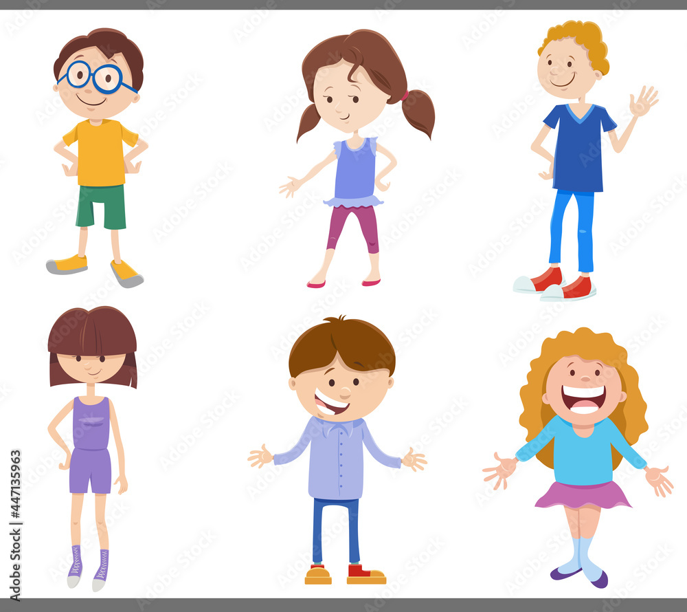 cartoon happy kids and teens comic characters set