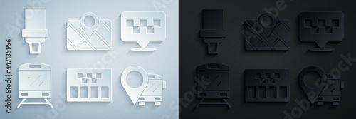 Set Taximeter, Location with taxi, Train, bus, Gps device map and Safety belt icon. Vector
