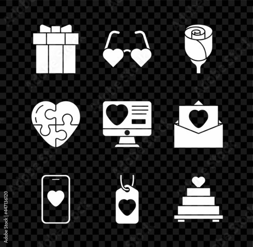 Set Gift box, Heart shaped love glasses, Flower rose, Online dating app and chat, tag, Wedding cake with heart, and Dating online icon. Vector
