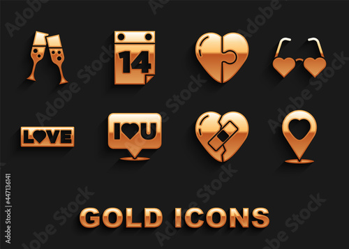 Set Speech bubble with I love you, Heart shaped glasses, Location heart, Healed broken, Love text, Glass of champagne and Calendar February 14 icon. Vector