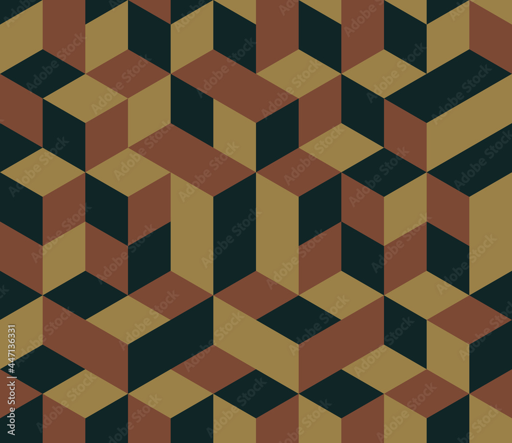 Abstract background seamless geometric pattern. Cube shape, diamond shape. Retro color tone. Surface design for apparel, textile, tile, cover, poster, flyer, banner, wall. Vector illustration. Abstract background seamless geometric pattern. Cube shape, diamond shape. Retro color tone. Surface design for apparel, textile, tile, cover, poster, flyer, banner, wall. Vector illustration.
