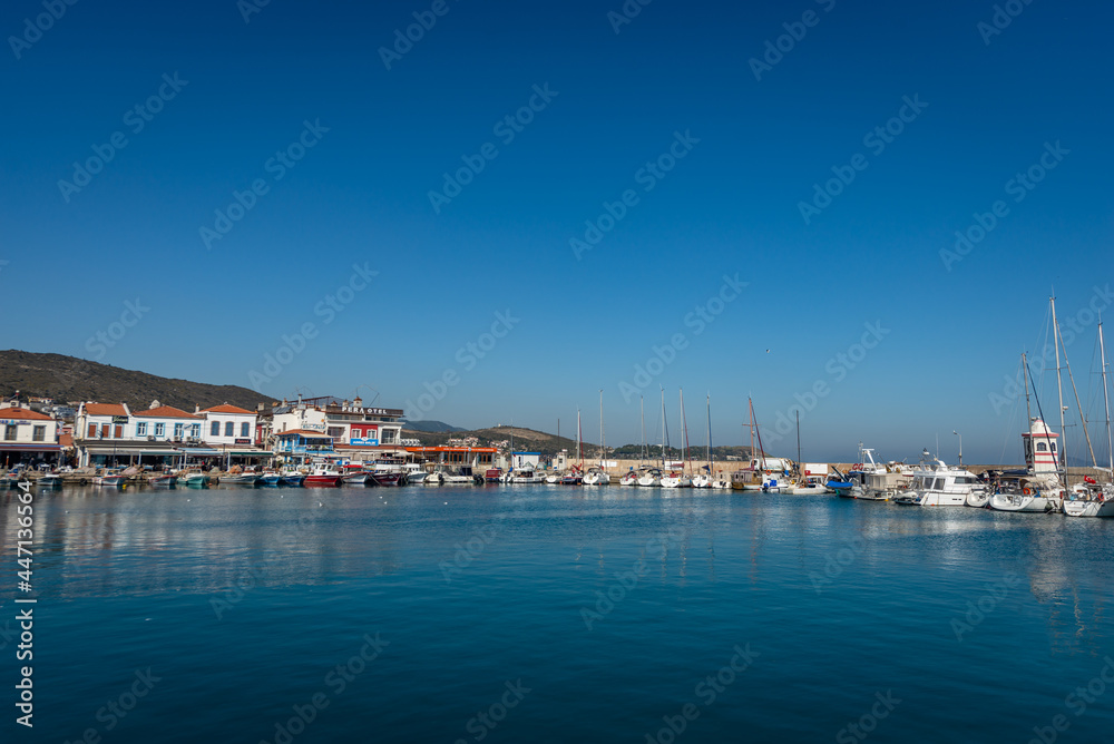 ISKELE, URLA, IZMIR, TURKEY. View on marina from the cafe on the pier