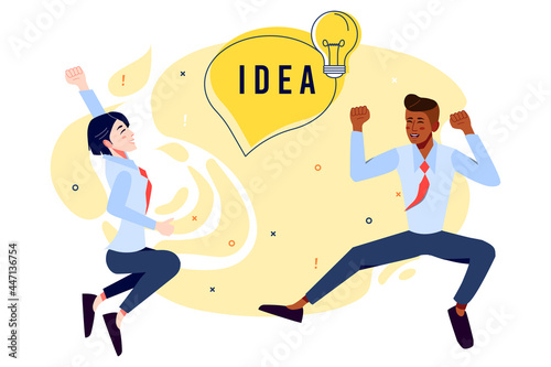 Co-workers jumping out of Happiness celebrating idea. Creative Office Workers with Idea Light Bulb Concept. Cartoon Vector Illustration. 
