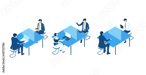 Data center concept with business people. Isometric working space, business people working together in server room, analysing data, solving problems, find solutions. Support idea