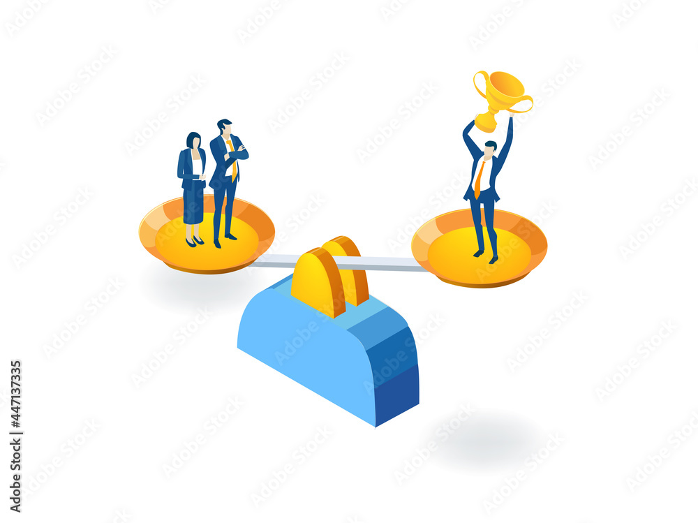 Business people and scale. Partnerships. New start up. Isometric iconographic of business working space with people, business concept Business people and scale. Partnerships. New start up. Isometric iconographic of business working space with people, business concept