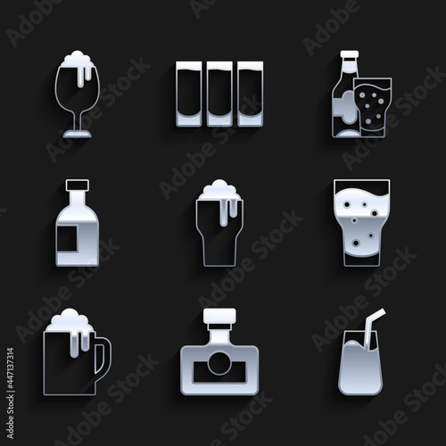 Set Glass of beer, Alcohol drink Rum, Cocktail, Wooden mug, bottle vodka, Beer and glass and icon. Vector