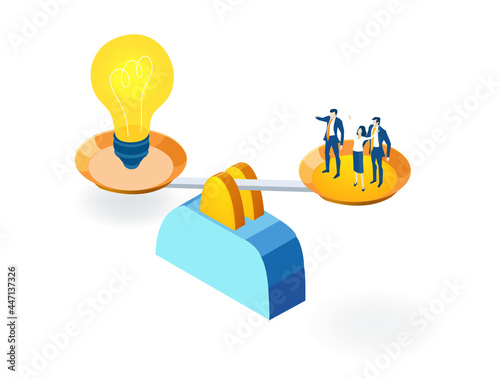 Business people and scale. Light build, great ideas and unique business approach. Partnerships.  New start up. Isometric iconographic of business working space with people, business concept