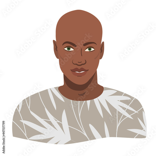 Portrait of bald black man with shaved head. Vector illustration avatar of stylish trendy bald headed african american man. Person isolated on white background.