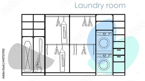 Laundry room with washing machine, tumble dryer, shelving, ironing board and clothes rails. Vector illustration. Drawing.