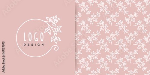 Set of logo and pattern seamless. Elegant floral background. Vector elements suitable for the frame, monogram,invitation, flyer,
menu, cover, packaging,
for beauty and fashion industry