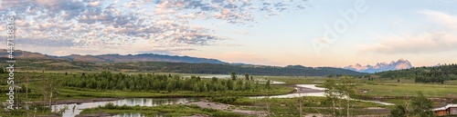 Panorama of Buffalo Fork River Valley in Morning Light with a Mackerel Sky and the Grand Teton Mountains in the Background