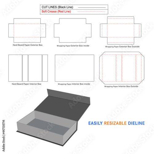 Custom rigid box, Magnetic Rigid Luxury Boxes dieline template and 3D box