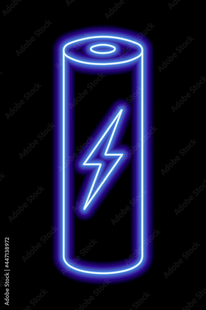 Blue neon outline of battery with zipper on a black background. Charge sign. Electricity, power Blue neon outline of battery with zipper on a black background. Charge sign. Electricity, power
