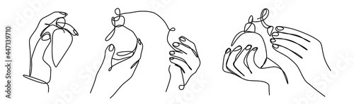 a set of silhouettes of hands with a perfume bottle in a single-line minimalist style. Cosmetics, print on T-shirts, perfume websites, vector illustrations.