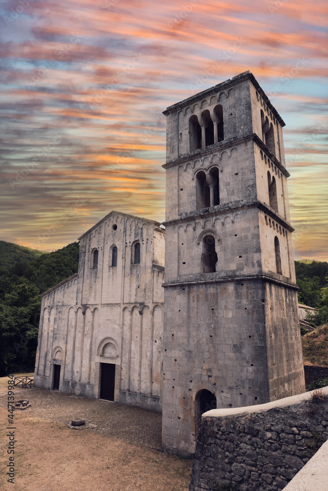 front of the abbey of san liberatore in maiella abruzzo during sunset