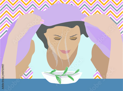 Girl holds her head over a bowl of hot herbal decoction, steam bath. Facial care