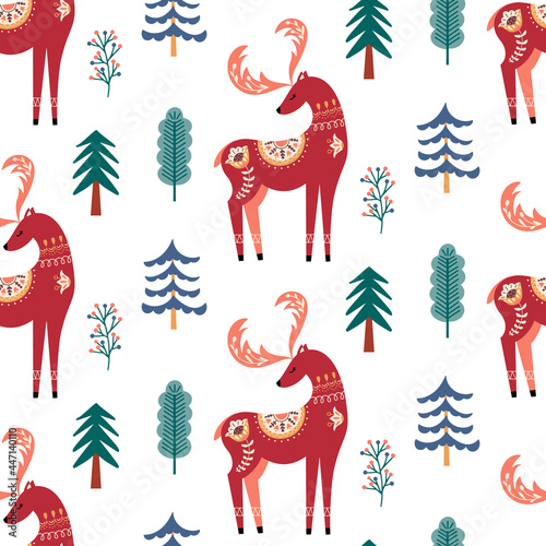 Scandinavian deer seamless pattern folk forest animal background
