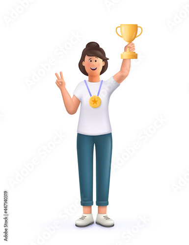 Young woman Jane champion holds golden winner cup, awarded with prize, win award. Concept of goal achievement celebration. 3d vector people character illustration.