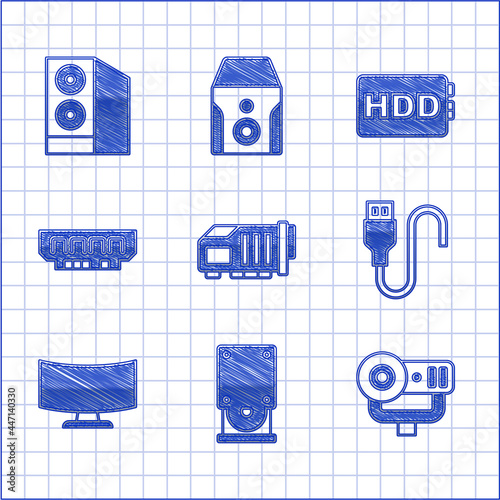 Set Video graphic card, Optical disc drive, Web camera, USB cable cord, Computer monitor screen, RAM, random access memory, Hard disk HDD and Case of computer icon. Vector