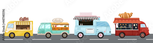 Food trucks isolated vector cars, cartoon vans for street food selling. Cafe restaurant on wheels, transportation with fastfood