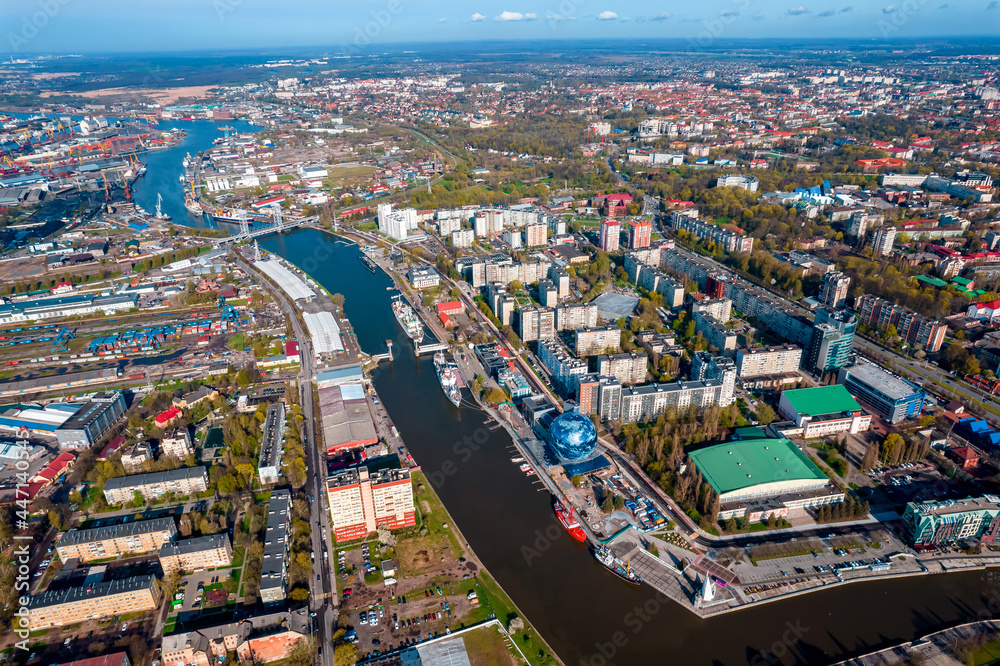 Fototapeta premium Aerial top view Kant Island, Museum of World Ocean city Kaliningrad Russia with blue sky