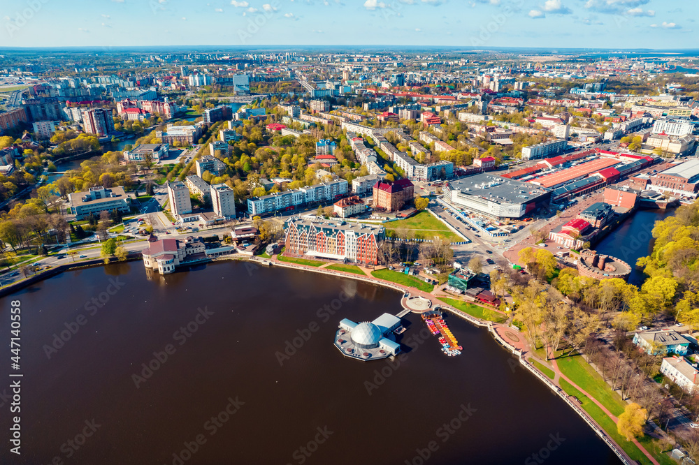 Fototapeta premium Aerial top view cityscape Kaliningrad Russia upper round lake