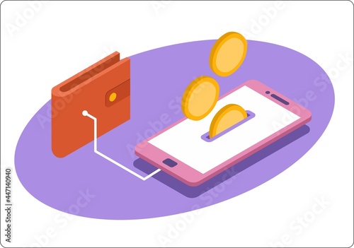 Cashless payment. Phone mockup and wallet. Cash withdrawal via phone. 3d isometric vector illustration. Popular flat colors. 