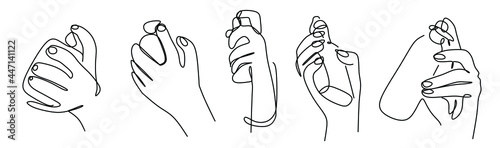 a set of silhouettes of hands with a perfume bottle in a single-line minimalist style. Cosmetics, print on T-shirts, perfume websites, vector illustrations.