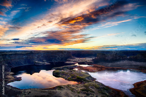 Sunrise over the Grand Coulee and Sun Lakes Dry Falls State Park in Washington State once the world's largest waterfall during the Ice Age floods when glaciers blocked the Columbia River. photo