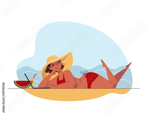 Happy cartoon woman lies on the beach and working online. Freelance on the sea. Cute girl in a big hat sunbathes and resting. A person on a distant job.
