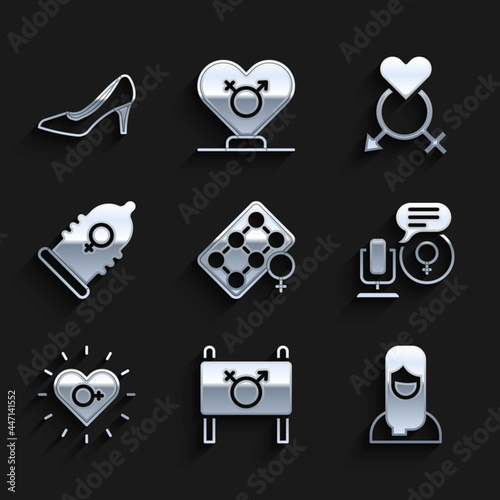 Set Packaging of birth control pills, Feminist activist, Muslim woman hijab, Microphone, Feminism, Condom, Gender and Woman shoe icon. Vector