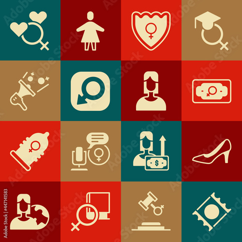 Set Condom in package, Woman shoe, Money growth woman, Gender shield, Female, Male gender, Feminist activist, and icon. Vector