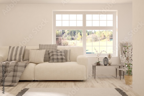 Stylish room in white color with sofa and autumn landscape in window. Scandinavian interior design. 3D illustration