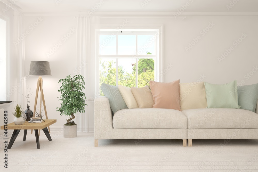 Fototapeta premium White living room with sofa. Scandinavian interior design. 3D illustration