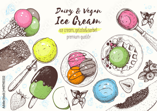 Ice cream top view frame. Hand drawn food elements with ice cream, berries and fruits. Summer food. Vector sketch for vintage menu design.